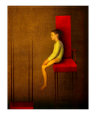 The girl comprehending infinity on a red chair