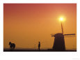 Person Horse And Windmill At Sunset