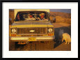 A Dog Stands Outside a Truck with Three Cowboys