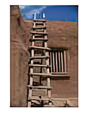A handmade wooden ladder rests against an adobe structure