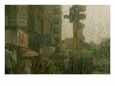 A City Street Scene Blurred by Rain