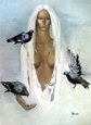 Young Girl with Birds Birds Doves & Pigeons