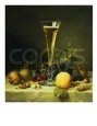 Painting of a Glass of Champagne, a Peach, Plums and a Bunch of Grapes on a Marble Ledge