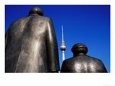 Statues of Karl Marx, Friedrich Engels with Television Tower in Background, Berlin, Germany