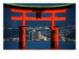 Floating Torii with City in Background in Hiroshima-Ken, Miyajima, Japan