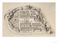 Antique Print of the Hungarian City of Bartsa, with Its Medieval Walls